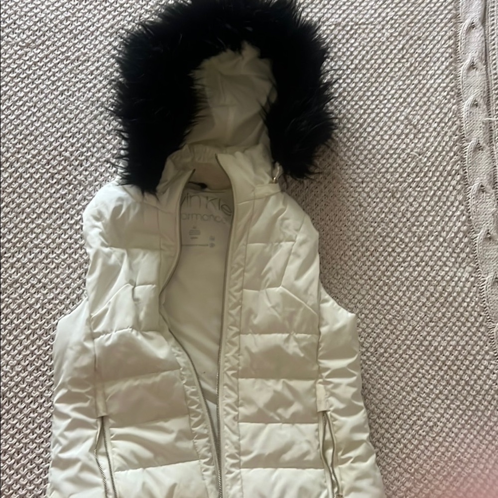 Calvin Klein Collection White and Black Puffer Jacket with Faux Fur Hood